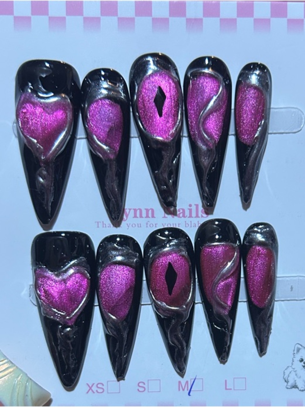 Black Stiletto Press-On Nails with Shimmering Pink Hearts